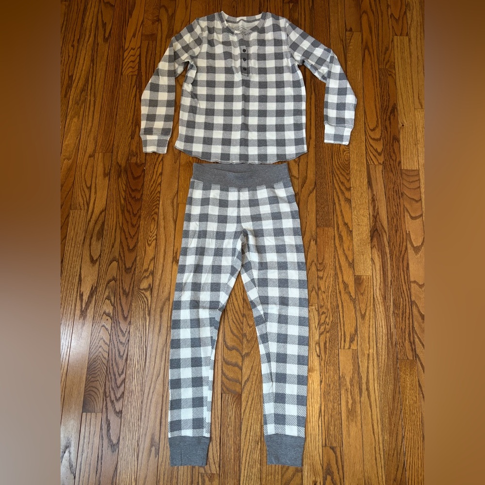 Women’s Warm Essentials Waffle Knit Thermal Underwear Set Gray/Wht Plaid Size S
